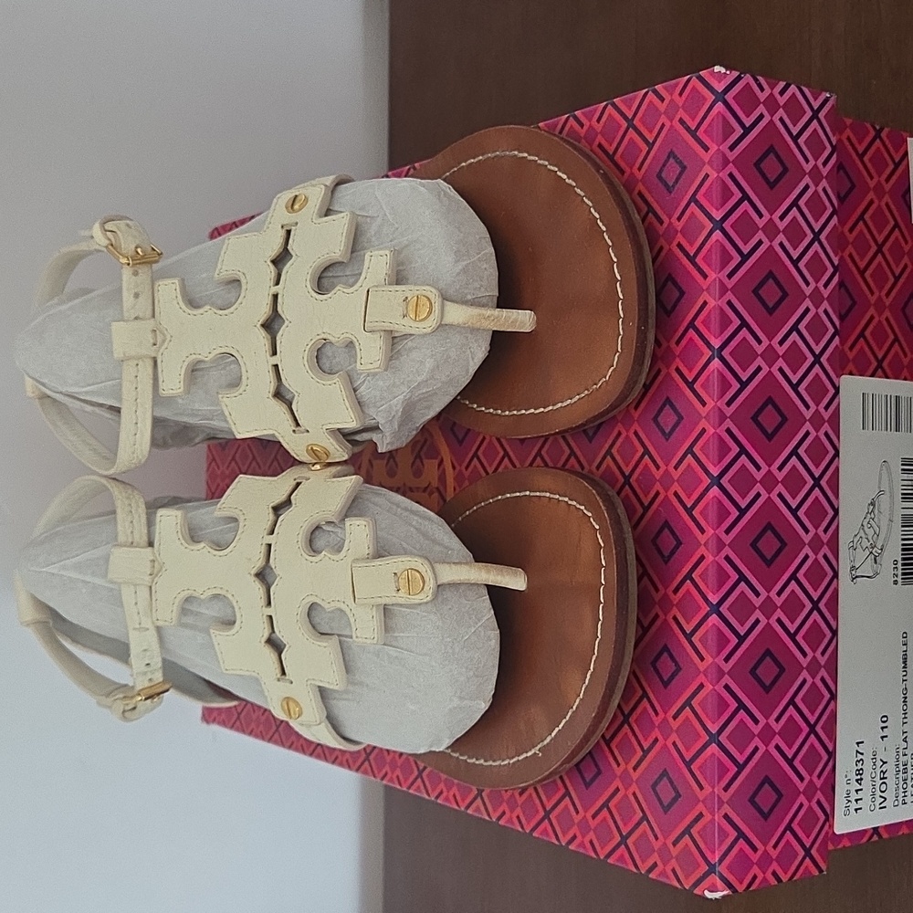 Tory Burch Ivory Leather Thong Sandals with Brown Footbed